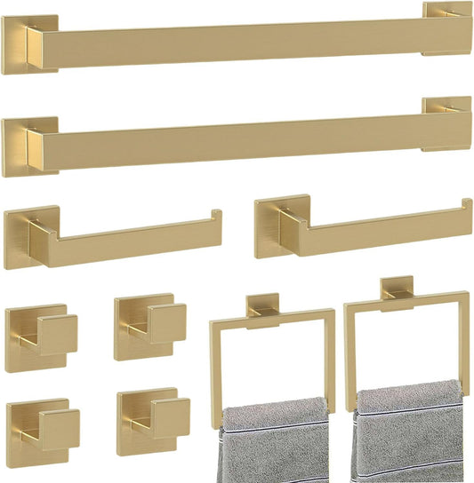 Bathroom Accessory Towel Bar Set: 10 Pieces Gold Square Bathroom Hardware SUS304 Stainless Steel - 24 Inch Wall Mounted Towel Rack&Toilet Paper Holder&Towel Ring and Towel Hook