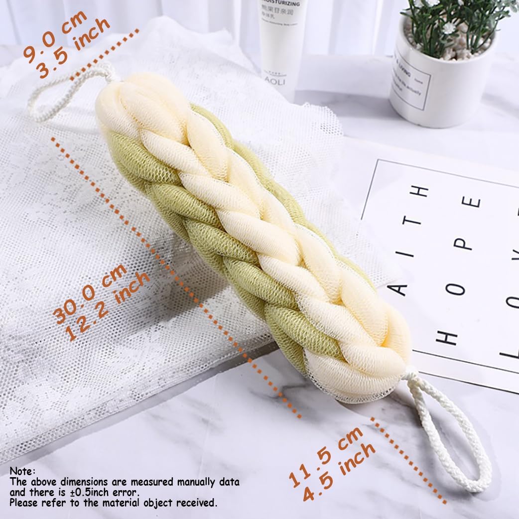 AARAINBOW 2 Packs Upgraded Long Stretch Back Sponge with Rope Handles Back Scrubber Bath Shower Mesh Sponge Exfoliating Body Scrub Stretch Braided Loofah for Men Women Shower Rope (Gray+Green)