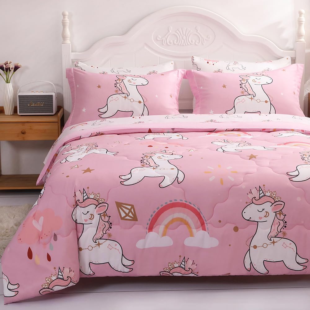 Wajade Kids Pink Unicorn Comforter Set Bed in A Bag Twin Size 7 Piece Cute Unicorn Rainbow Clouds Bedding Set for Girls (1 Comforter, 1 Flat Sheet, 1 Fitted Sheet, 2 Pillowcase and 2 Pillow Sham)