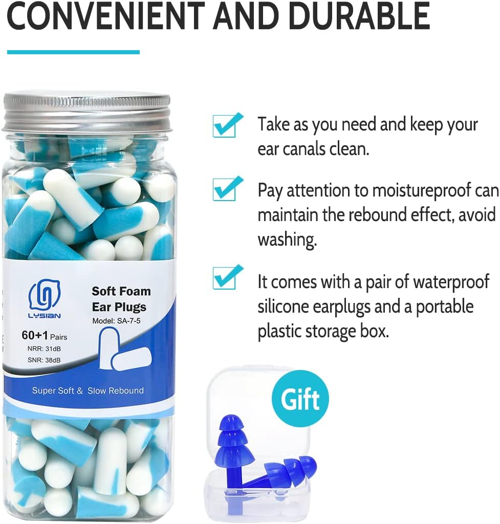 LYSIAN Noise Cancelling Earplugs for Sleep - 60 Pairs, 38dB Disposable Ear Plugs for Sleeping, Snoring, Shooting, Mowing Loud Sound Reduction- Double Color Light Blue/White