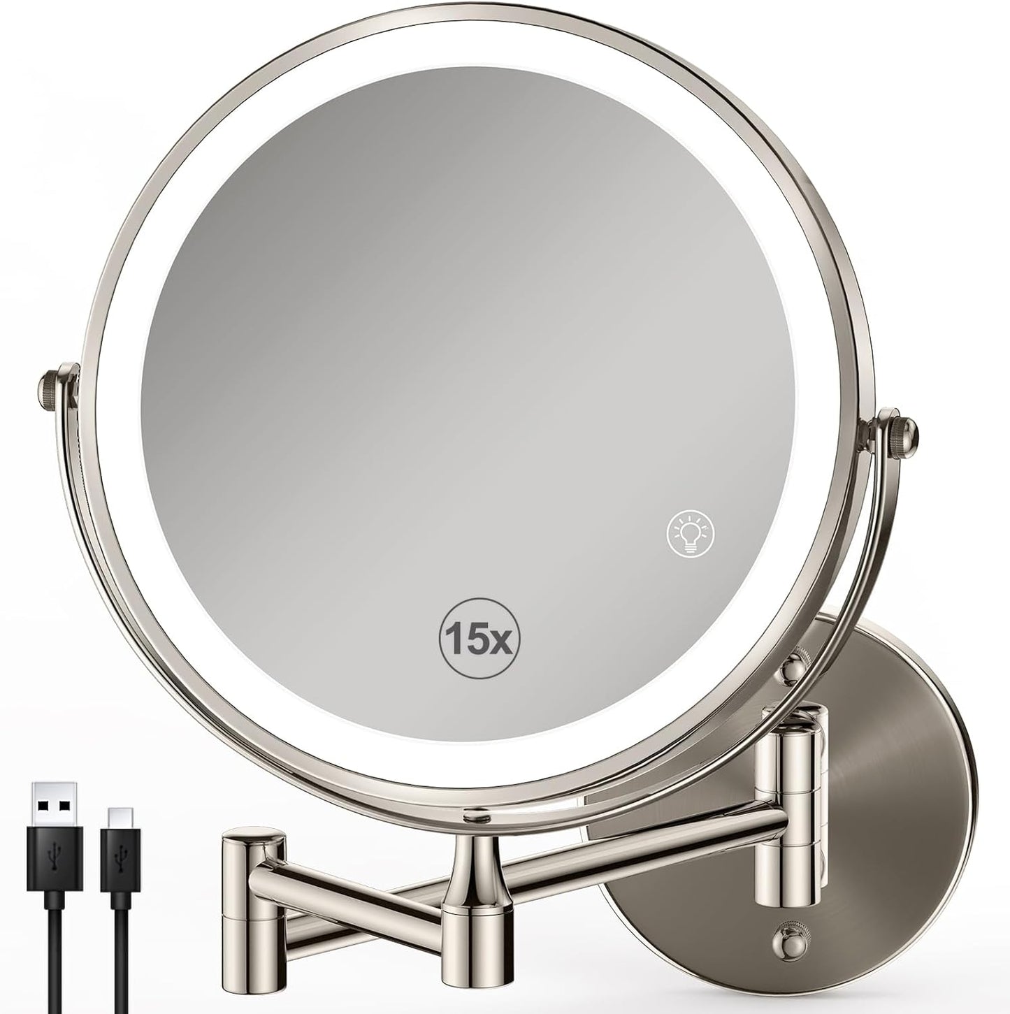 Magnifying Mirror with Lights 1x/15x: 8.5" Double Sided Wall Mounted Lighted Makeup Mirror for Bathroom, Brushed Nickel