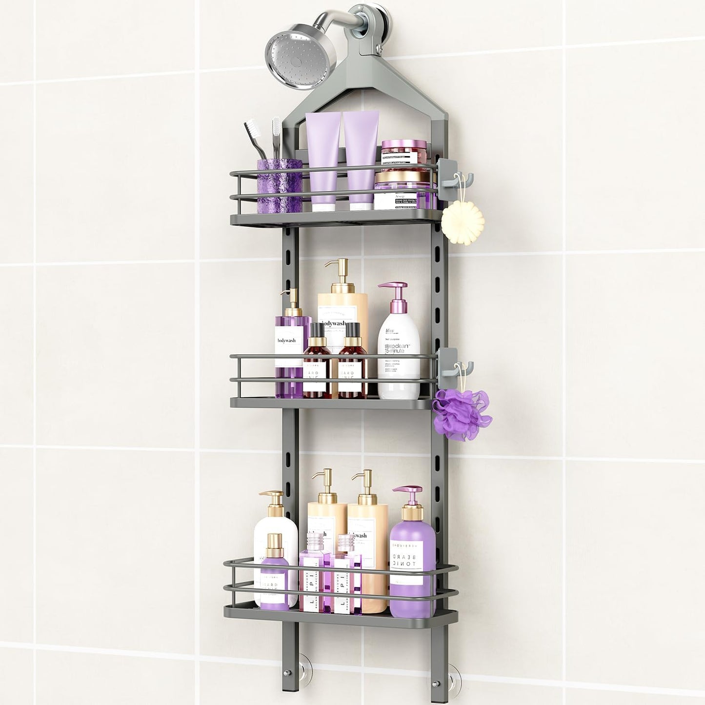ODesign 3 Tier Height-Adjustable Shower Caddy Hanging Anti-Swing-Over The Shower Head Caddy-Showe r Storage Organizer Bathroom Shelves Basket Caddies-Grey