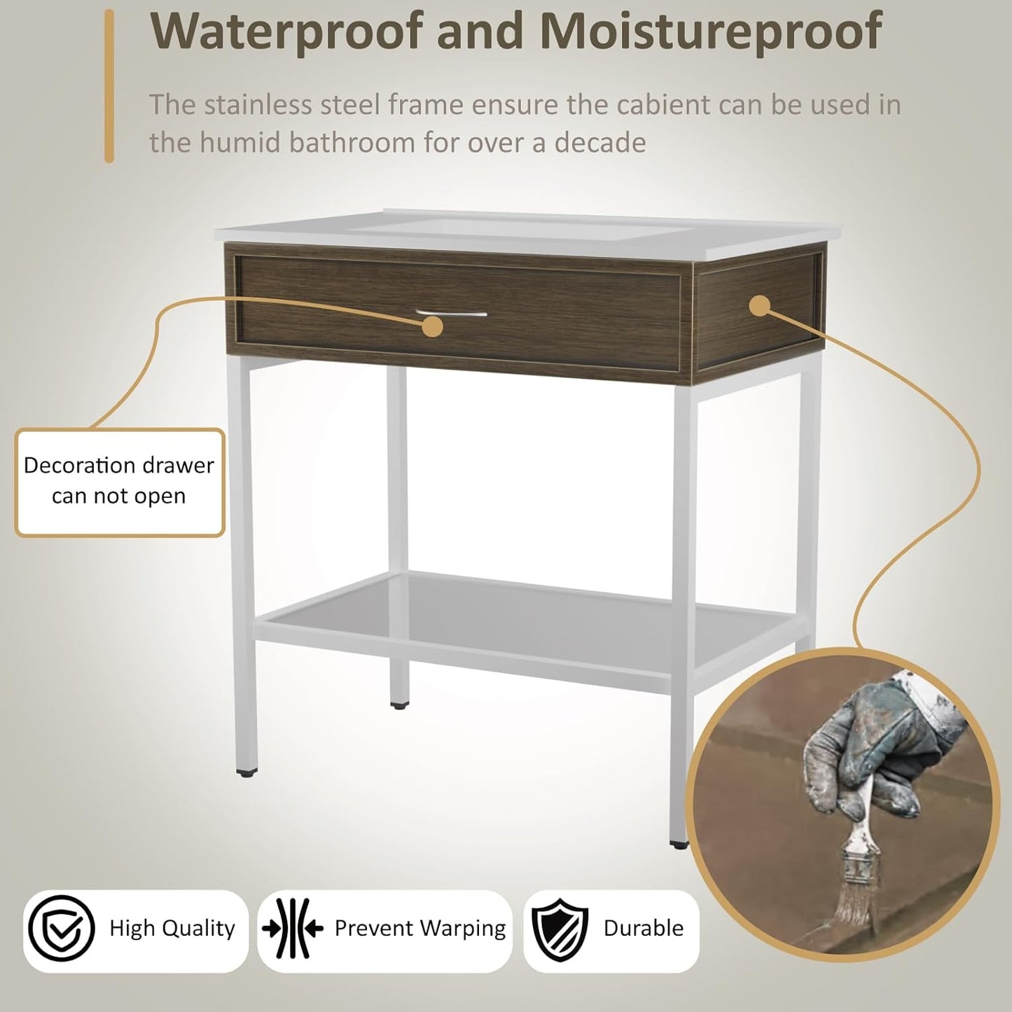 30 Inches Bathroom Vanity with Resin Sink, Single Sink Modern Cabinet Set, Stainless Steel Frame with Tempered Glass Open Shelf, Freestanding Bathroom Storage Cabinet Combo, White