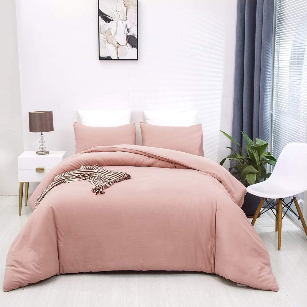 KAREVER Pink Comforter Sets Pure Blush Color Bedding Set Women Lightweight Comforter Set Girls 3 Pieces Blanket Breathable Bed Comforter Set Durable Bedding Set