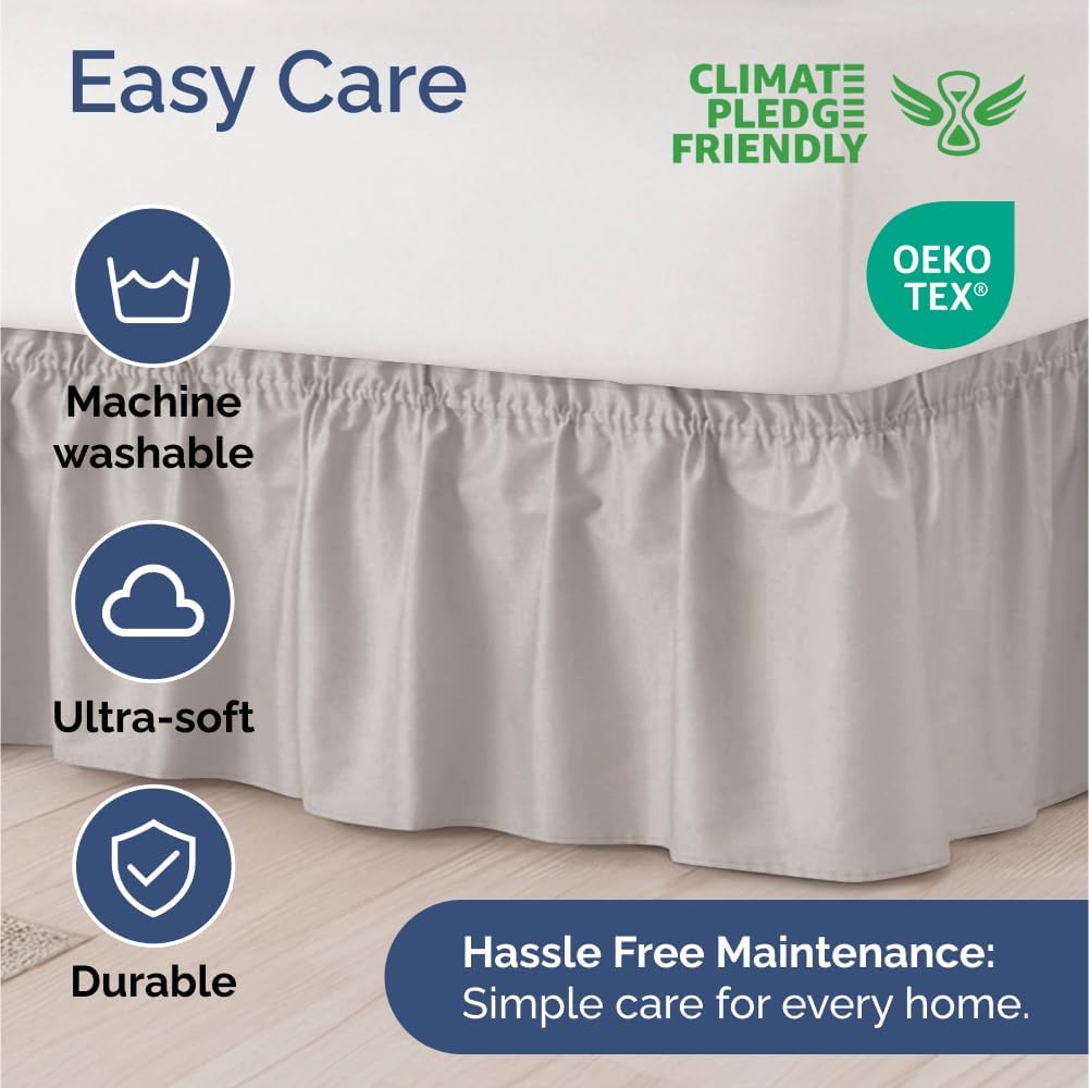 Wrap Around Dust Ruffle Bed Skirt - Light Grey - Twin/Twin XL Size Beds with 24 Inch Drop - Elastic Strap - Adjustable Pleated Bedskirt with Brushed Fabric and Wrinkle Free - Women, Men, Kids & Teens