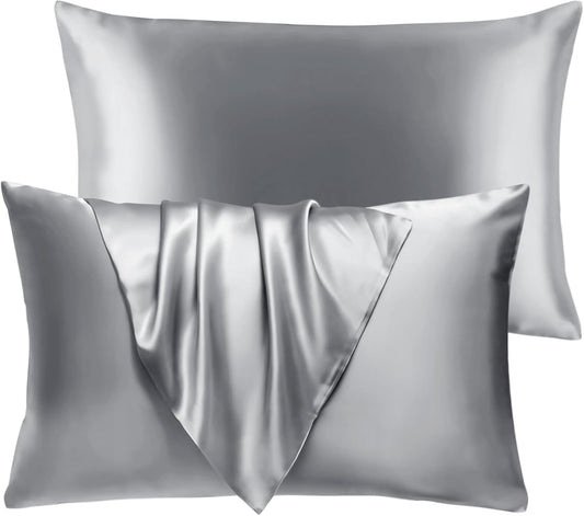 BHZ Satin Goose Down Feather Pillows King Size Set of 2 with Satin Pillowcase for Hair and Skin, Cooling Pillow Cases Similar to Silk Pillow Cases, Decorative for Women, Mom Men, Grey