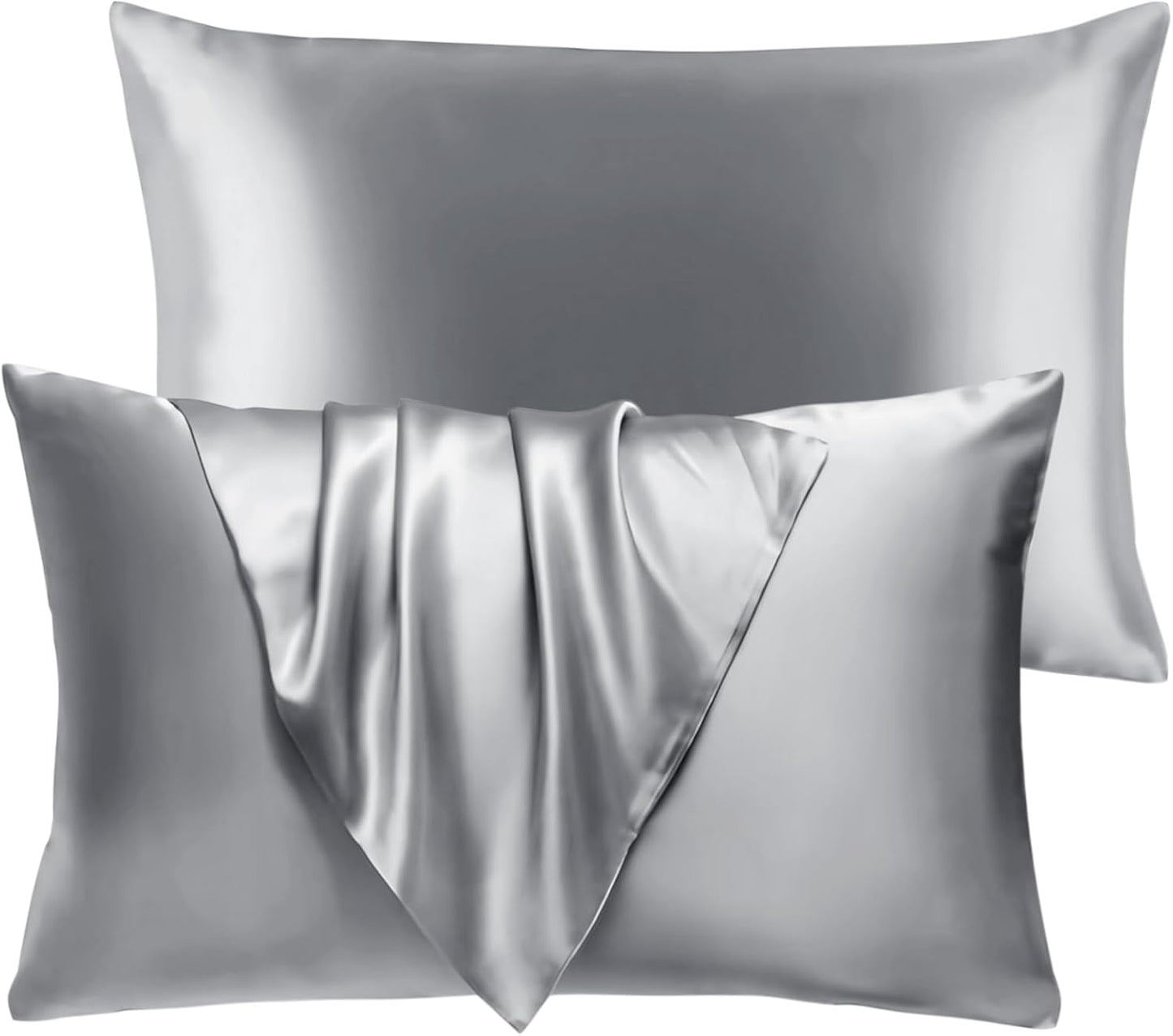 BHZ Satin Goose Down Feather Pillows Standard Size Set of 2 with Satin Pillowcase for Hair and Skin, Cooling Pillow Cases Similar to Silk Pillow Cases, Decor for Women, Mom Men, Grey
