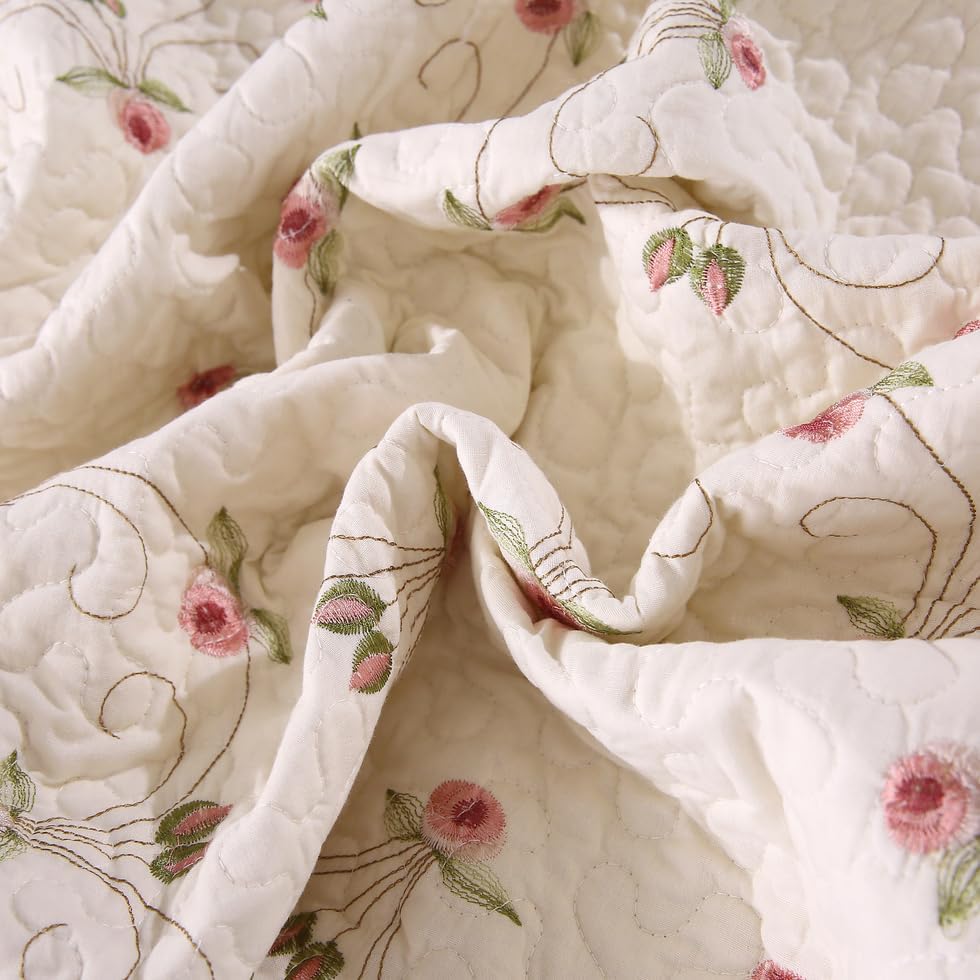 Quilt Set Floral Leaves 3D Embroidery Pattern 2 PCS Cotton Reversible Quilted Embroidered Decorative Bedspreads Coverlet Set, Lightweight &Soft Queen Size Beige Bedding Coverlet for All Season