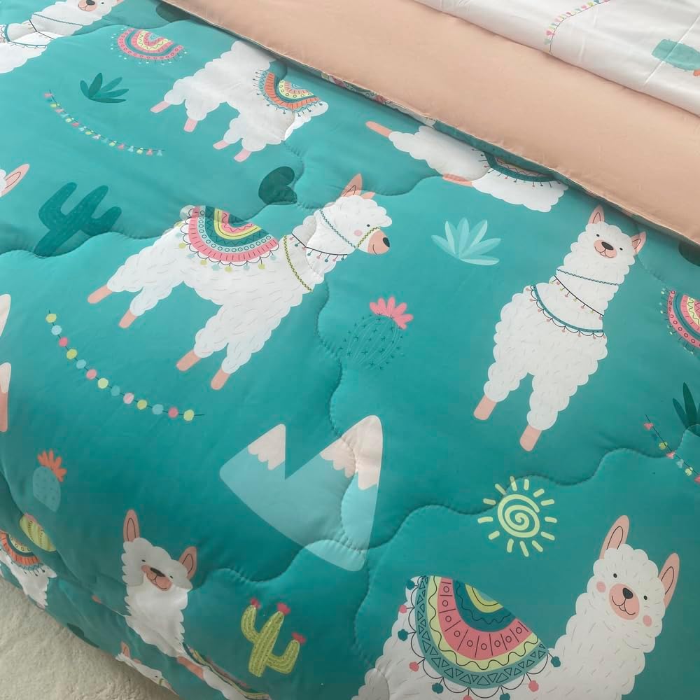 Wajade Kids Cute Llama Comforter Set Bed in A Bag Full Size 7 Piece Green Alpaca Tropical Plant Bedding Set for Girls Boys (1 Comforter, 1 Flat Sheet, 1 Fitted Sheet, 2 Pillowcase and 2 Pillow Sham)