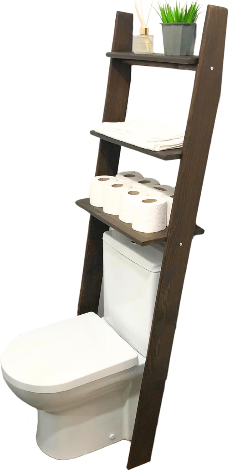 Over The Toilet Birch Wood Bathroom Organizer Shelves, 3-Tier Freestanding Above Toilet Storage Ladder Shelf, Standing Space Saver Behind Toilet Small Bathroom Organizer (Walnut)
