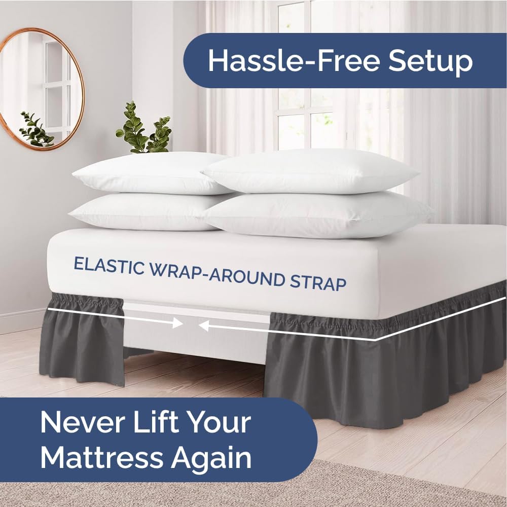 Wrap Around Dust Ruffle Bed Skirt - Charcoal - for King Size Beds w/ 15 Inch Drop - Easy Fit Elastic Strap - Adjustable Pleated Bedskirt w/Brushed Fabric - Wrinkle Free - for Women, Men, Kids & Teens
