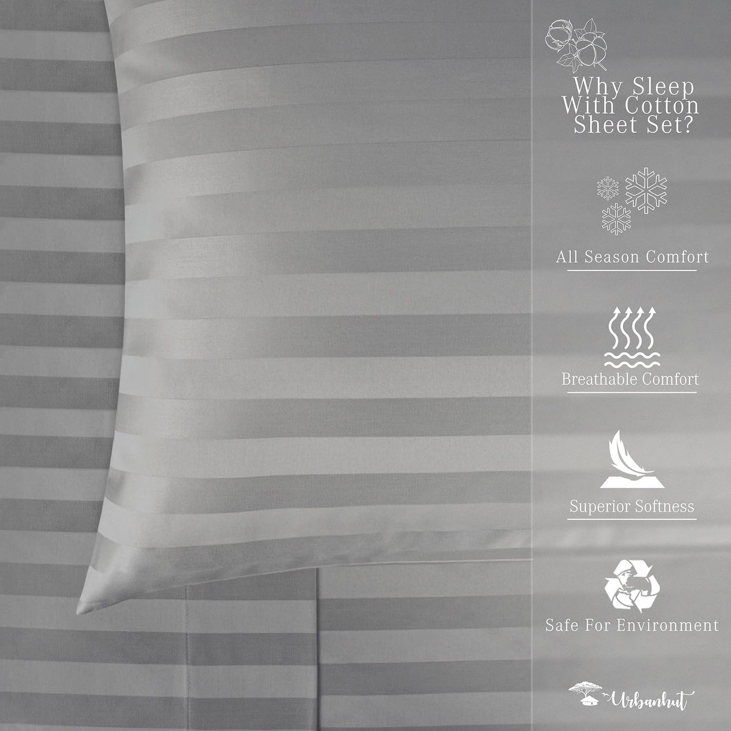 URBANHUT 1000 Thread Count Egyptian Cotton Sheets Damask Striped Queen Size, Long Staple Soft & Breathable, 4 Pc Bed Sheet Sets, Luxury Hotel Sateen Sheets Fits 16" Deep Pocket - Dark Grey