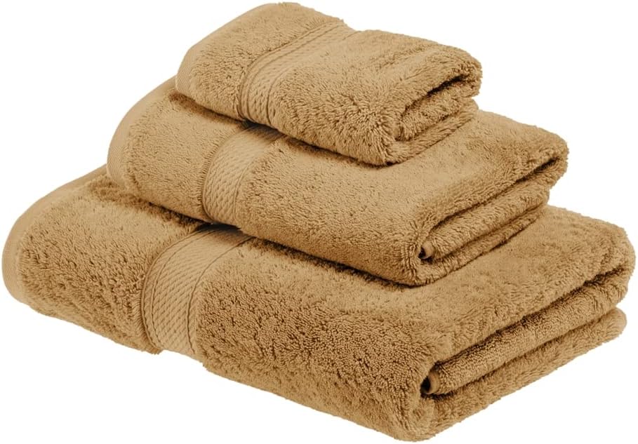 Superior Egyptian Cotton Pile 3 Piece Towel Set, Includes 1 Bath, 1 Hand, 1 Face Towel/Washcloth, Ultra Soft Luxury Towels, Thick Plush Essentials, Guest Bath, Spa, Hotel Bathroom, Toast