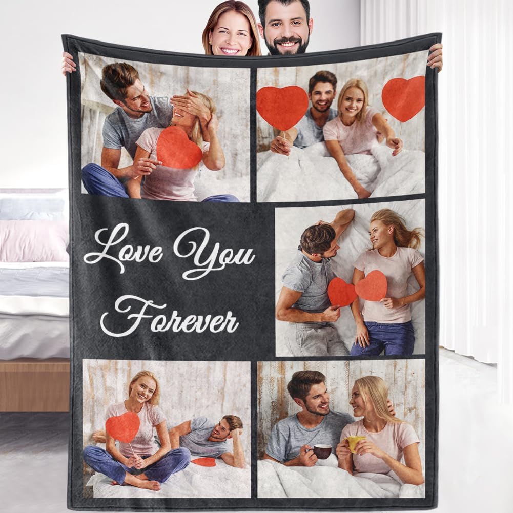 Sherpa Fleece Custom Photo Blanket - Soft, Warm, Fuzzy - Personalized Couples Gifts for Boyfriend, Girlfriend - Customized Picture Blanket for Birthday, Christmas