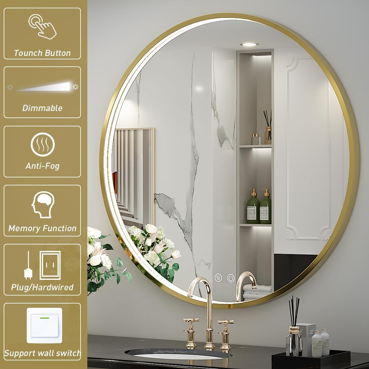 40" Round LED Bathroom Mirror, Dimmable Anti-Fog Vanity Mirror with Touch Control, 6000K Natural Light, Gold Metal Frame, Wall Mounted for Makeup Shaving (IP54, 90+ CRI)