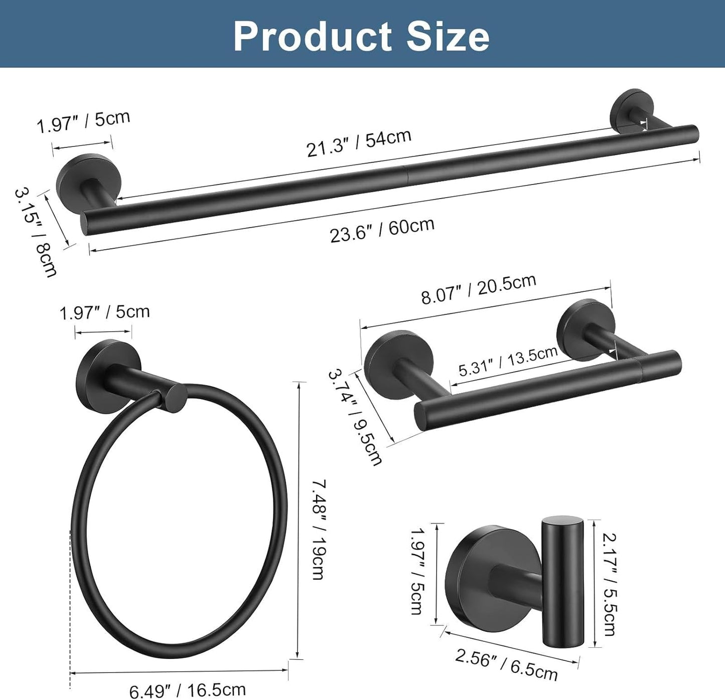 5 Pieces Matte Black Round Towel Bar Set Bathroom Hardware Accessories Set Upgraded Toilet Paper Holder Towel Racks Set for Bathroom Stainless Steel Wall Mounted 23.6 in