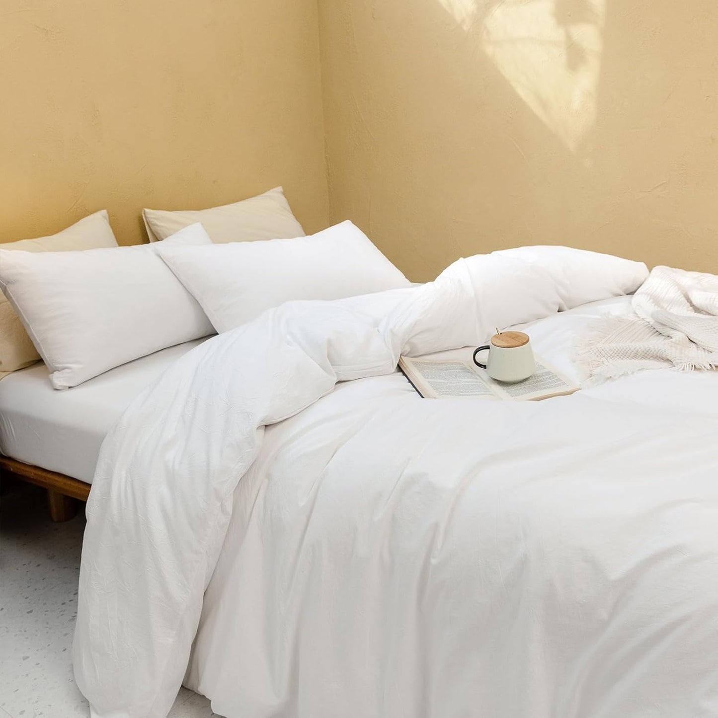 FOSSA Duvet Cover Set 100% Washed Cotton Linen Feel Super Soft Breathable Cozy 3 Pieces Bedding Sets Solid Off White Full/Double