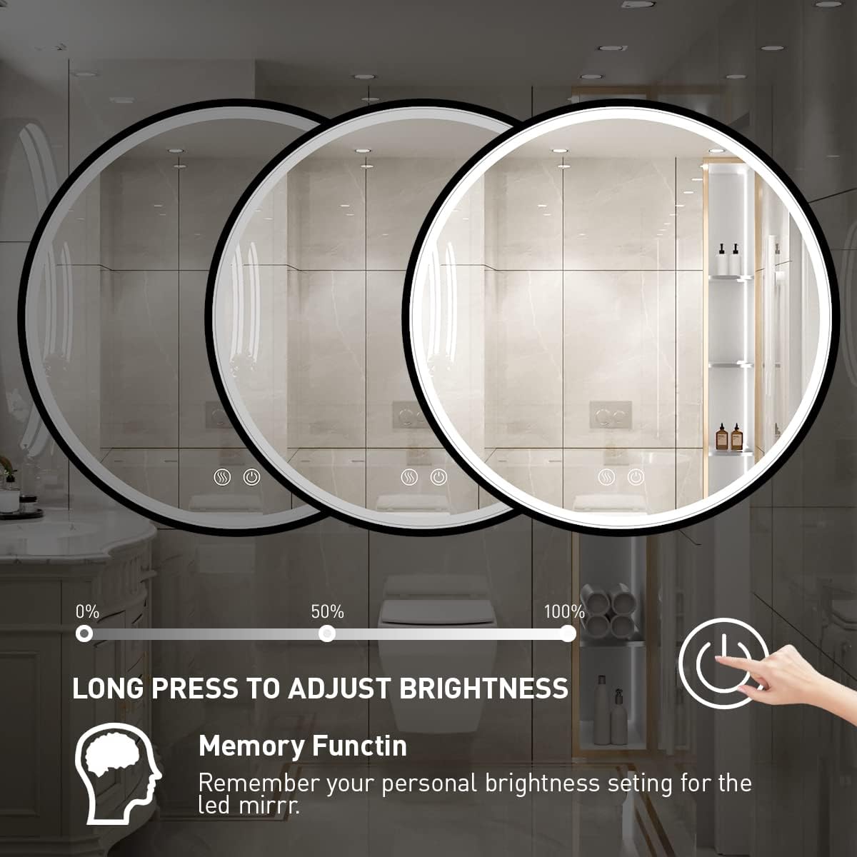 32" Round LED Bathroom Mirror, Dimmable Anti-Fog Vanity Mirror with Touch Control, 6000K Natural Light, Black Metal Frame, Wall Mounted for Makeup Shaving (IP54, 90+ CRI)