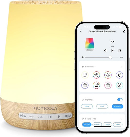 Baby Sound Machine, Momcozy White Noise Machine for Baby Sleeping with Night Light, Toddler Sleep Trainer with 34 Soothing Sounds, Timer, App Remote Control, Personal Sleep Routine(Wood Grain)