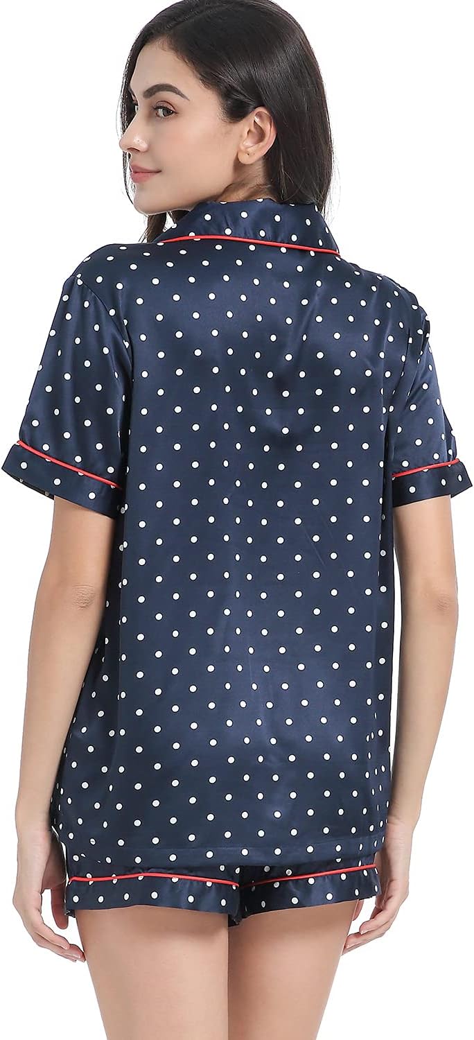 Women's Satin Pajama Set 2-Piece Sleepwear Loungewear Button Down Short Sleeve Silky PJ Set
