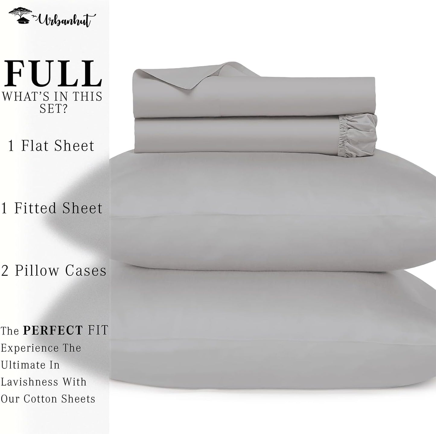 URBANHUT 700 Thread Count Egyptian Cotton Sheets Full Size, 4Pc Sheet Set Soft Luxury Bed Sheets for Full Size Bed, Sateen Weave Hotel Sheets, 14'' Elasticized Deep Pocket - Silver Grey