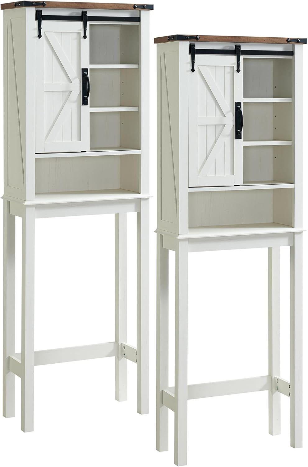 RedLemon Farmhouse Over The Toilet Storage Cabinet Set of 2, 68" Tall with Sliding Barn Doors & Adjustable Shelves, Rustic Above Toilet Storage Cabinet, Antique White