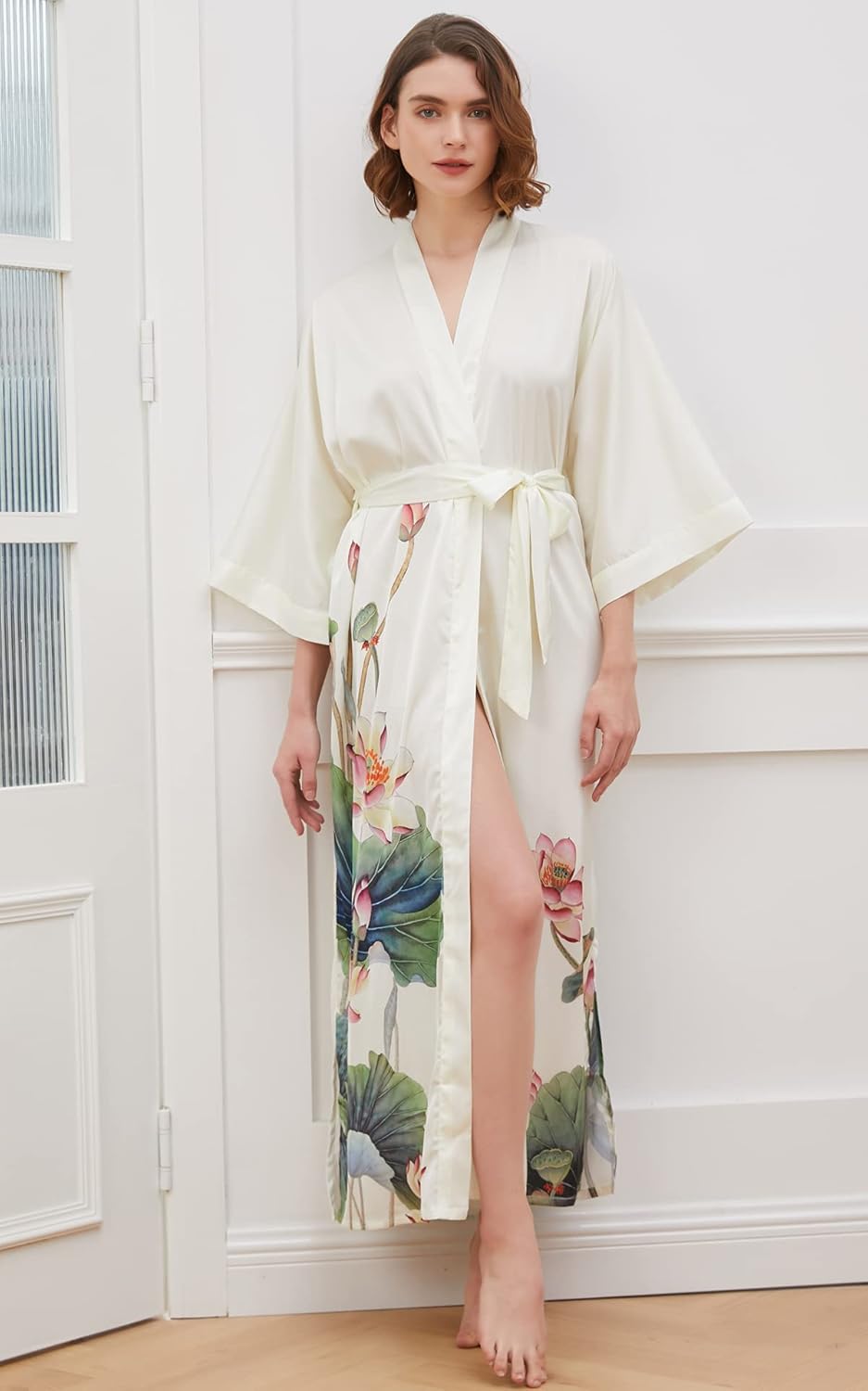 Ledamon Women's Kimono Long Robe - Classic Floral Bathrobe Nightgown