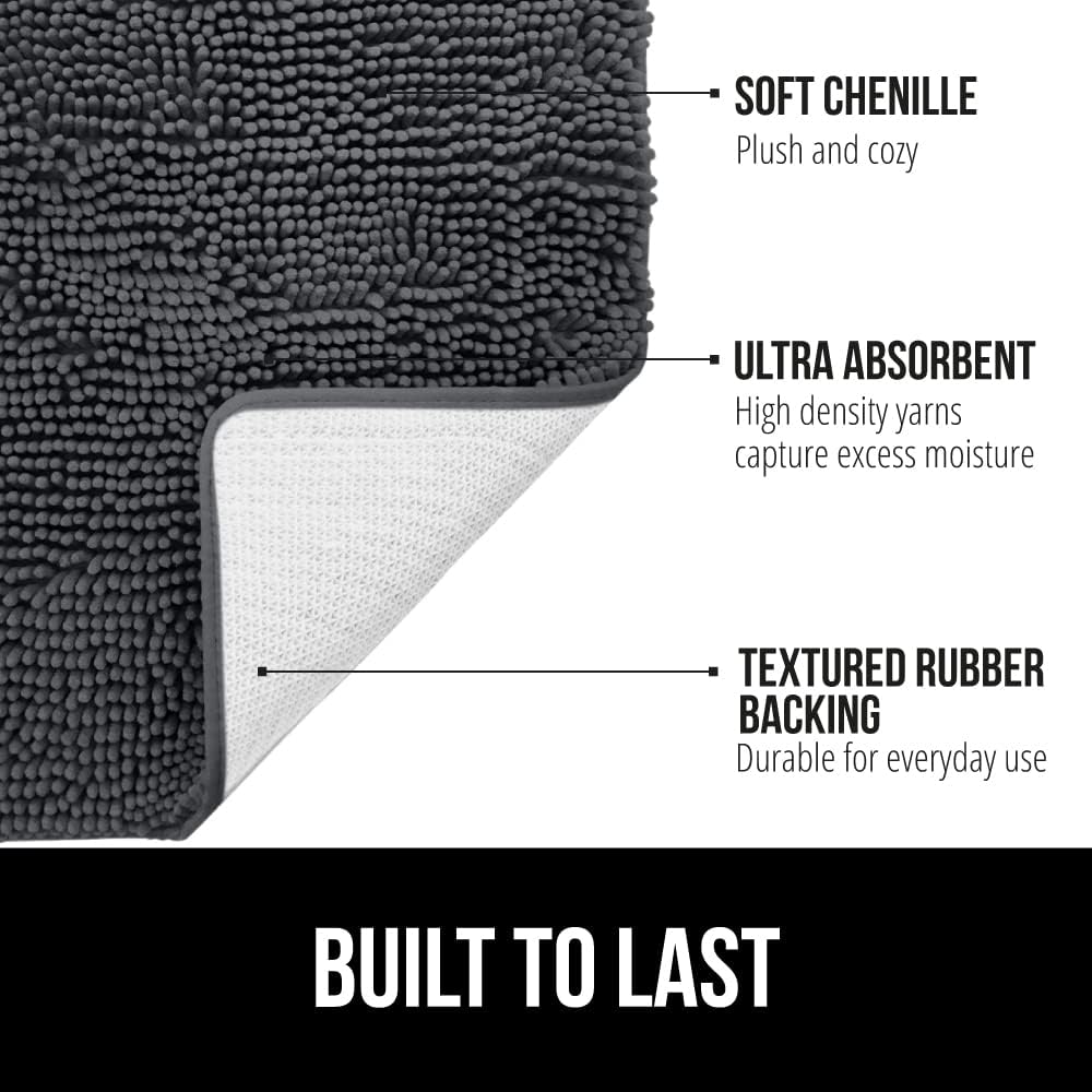 GORILLA GRIP Bath Rug Mat 60x17, Soft Absorbent Chenille, Quick Dry Microfiber Mats, Rubber Backing Washable Shower Floor Rugs, Bathmat Runner, US Designed Bathroom Home Decor Accessories Charcoal