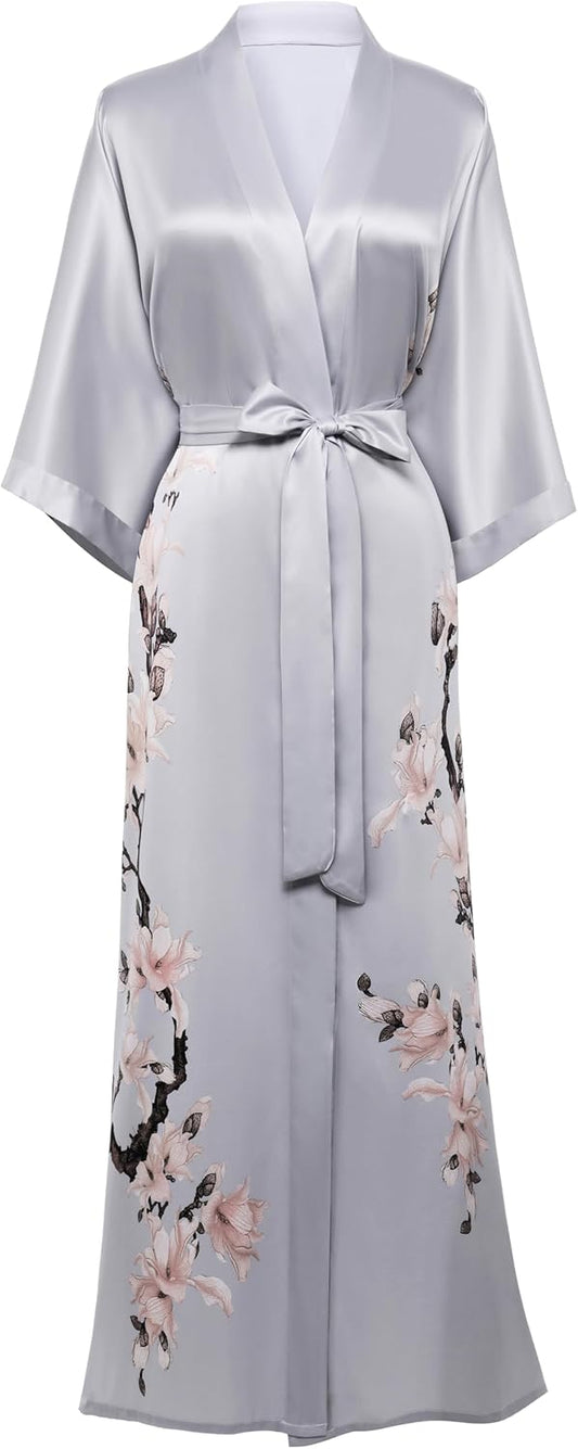 BABEYOND Kimono Robe Cover up with Box Long Floral Satin Sleepwear Silky Bathrobe Bachelorette Robe