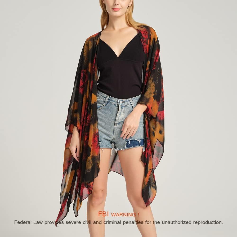 Women's Bohemian Floral Chiffon Beach Cover up Swimsuit Kimono Summer Swimwear Cardigans