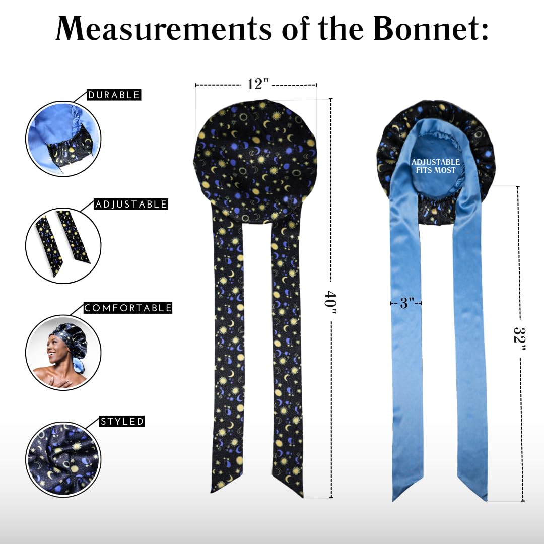 100% Mulberry Silk Bonnet for Sleeping Women, Handmade in USA 19 Momme Double Layer Reversible Silk Hair Wrap with Adjustable Ties, Non-Slip Sleep Cap for Curly & Natural Hair (sun and Moon)