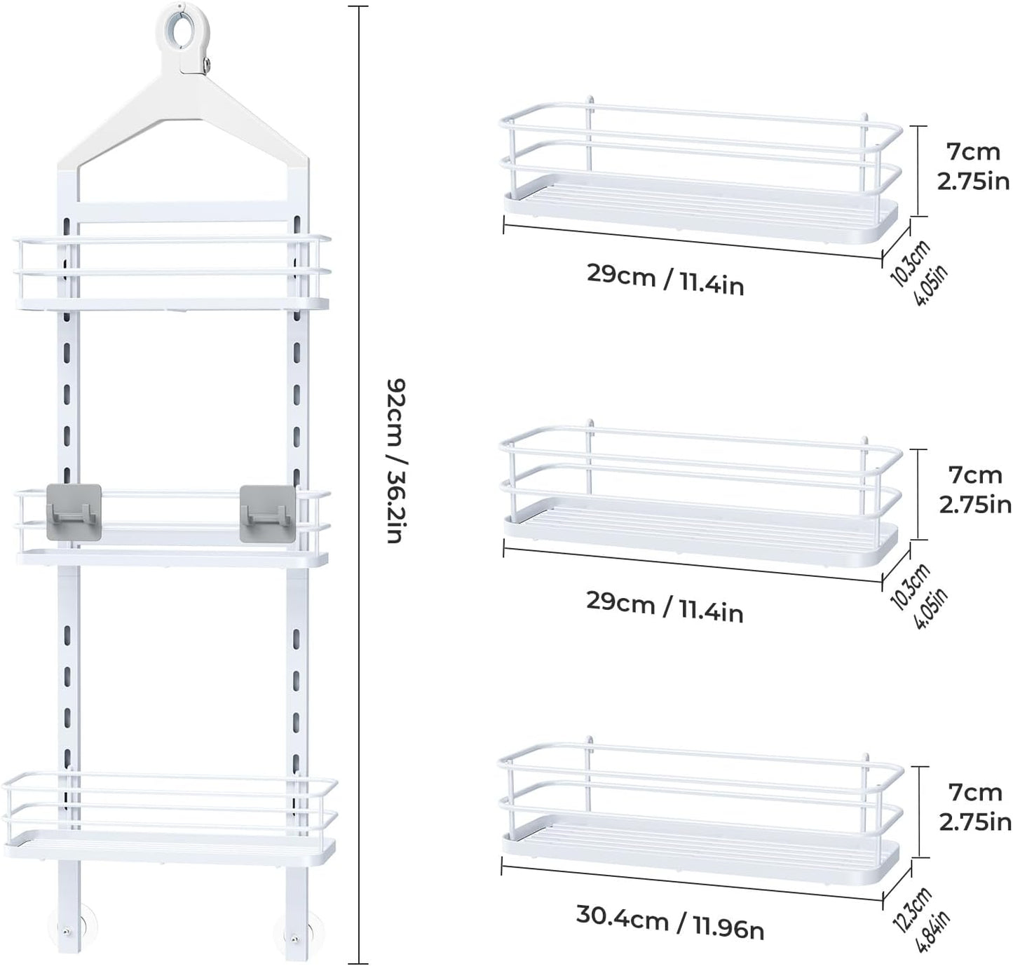 ODesign 3 Tier Height-Adjustable Shower Caddy Hanging Anti-Swing-Over The Shower Head Caddy-Storage Organizer Bathroom Shelves Basket - White