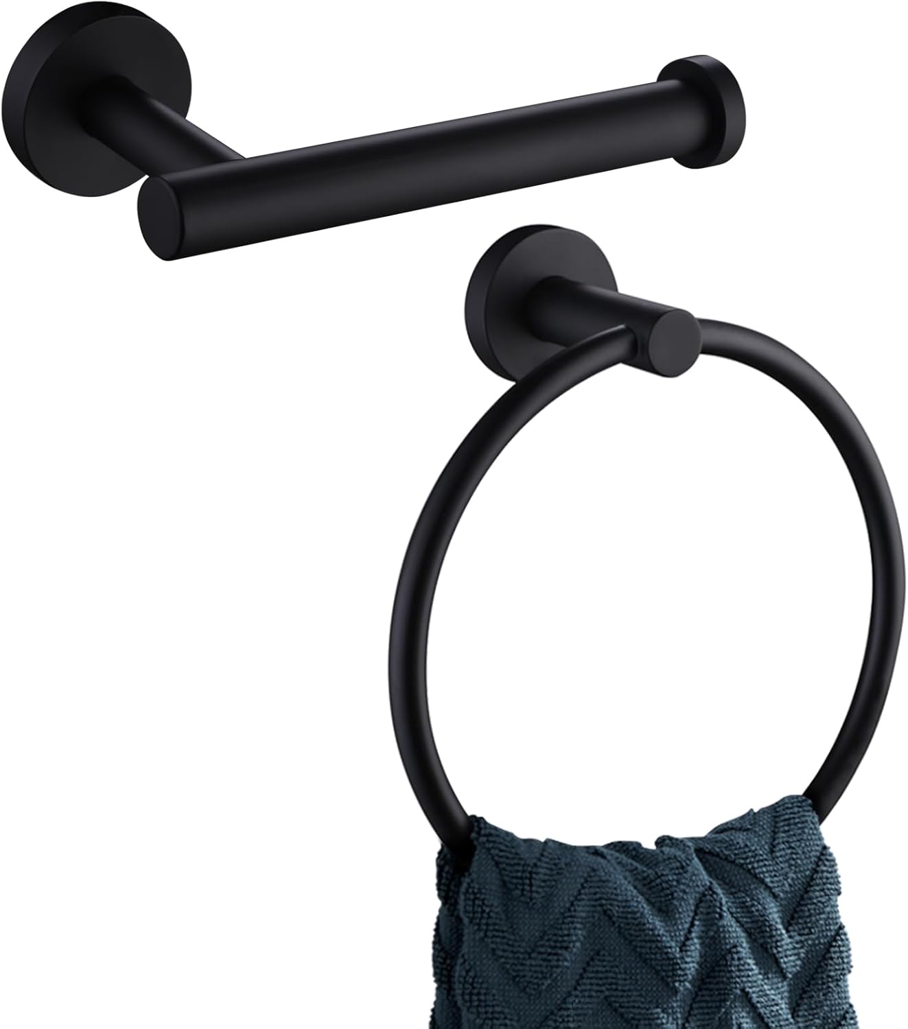 APLusee Matte Black 2 Pieces Bath Accessories Set, Hand Towel Ring and Toilet Paper Holder, Stainless Steel Bathroom Hardware, Wall Mounted