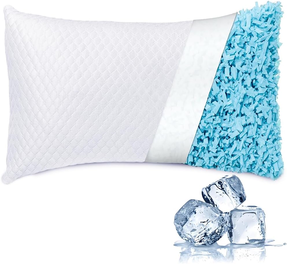 NTCOCO Cooling Bed Pillows for Sleeping Shredded Memory Foam Adjustable Gel for Side Stomach Back Sleepers Washable Removable Cover Queen Size Pack of 1