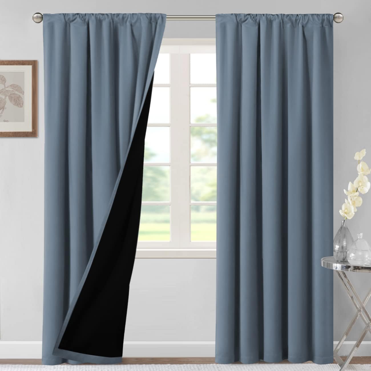 H.VERSAILTEX 100% Blackout Curtains for Bedroom Thermal Insulated Blackout Curtains 96 Inches Long Rod Pocket/Clip Rings Curtains for Living Room with Black Liner 2 Panels, Stone Blue