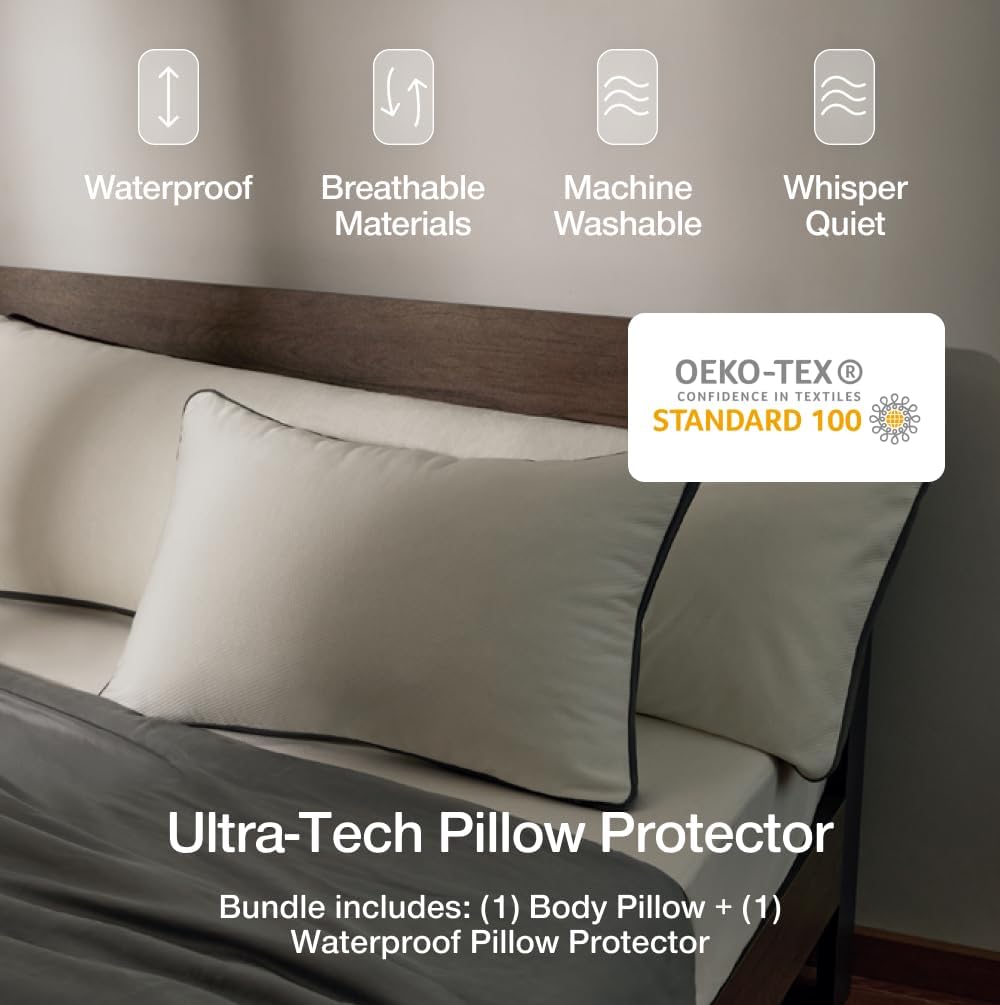 Coop Home Goods Original Adjustable Body Pillow (20x54) and Ultra-Tech Waterproof Pillow Protector Bundle for Pregnancy, Full Body Support for Side Sleepers with Memory Foam & Washable Cover