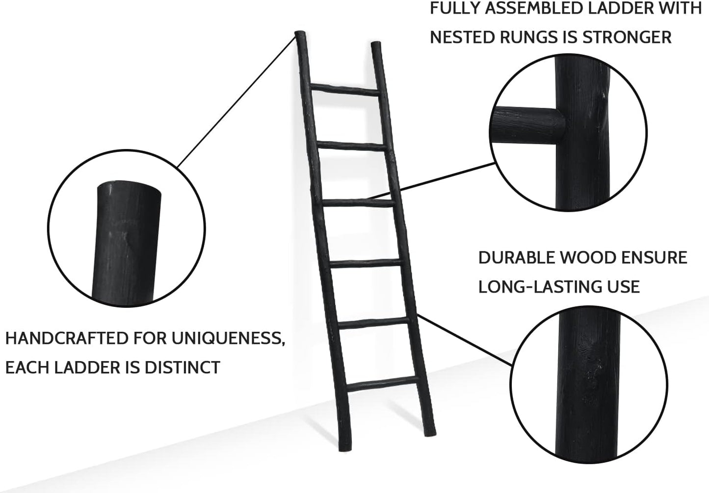 FUIN Fully Assembled 6ft Wood Blanket Ladder Living Room Decorative Wall Leaning Farmhouse Quilt Display Holder Rustic Wooden Towel Rack for Bathroom, Black