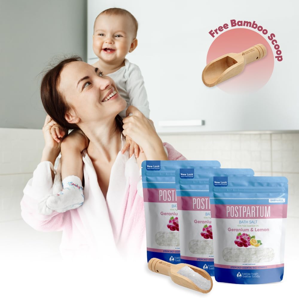 Postpartum Bath Salt (3 Pack with Scoop) Postpartum Bath Soaks USP Grade Epsom Salt with Pure Essential Oils in BPA Free Pouch with Press Lock Seal Made in USA Three 2 Lbs Pouches 6 Lbs Total
