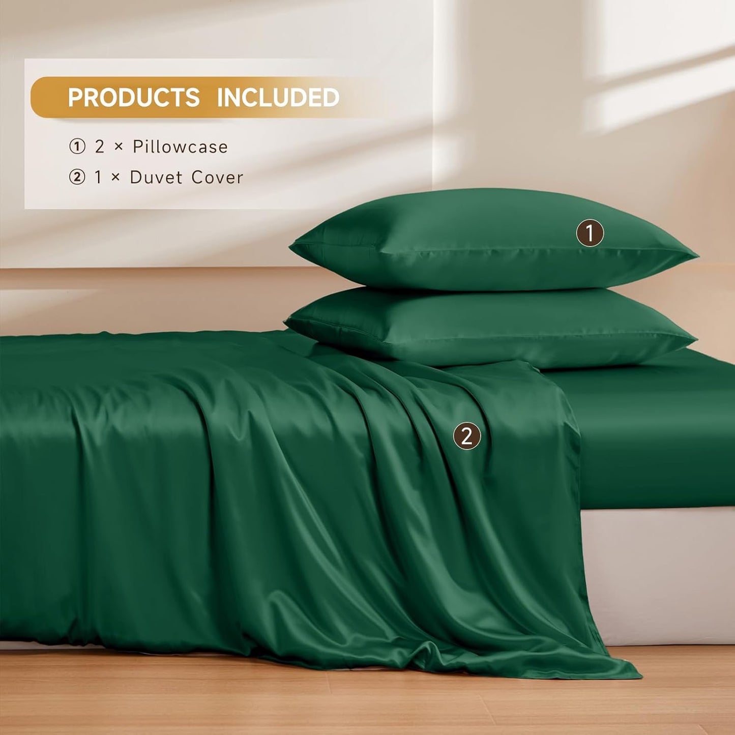 THXSILK 100% Pure Mulberry Silk Duvet Cover Set 3 Piece, 6A+ Grade Luxury Soft Bedding Silk Sheets for Hair and Skin, 1 Pcs Quilt/Comforter Cover with 2 Zippered Pillowcases (Emerald Green, King)