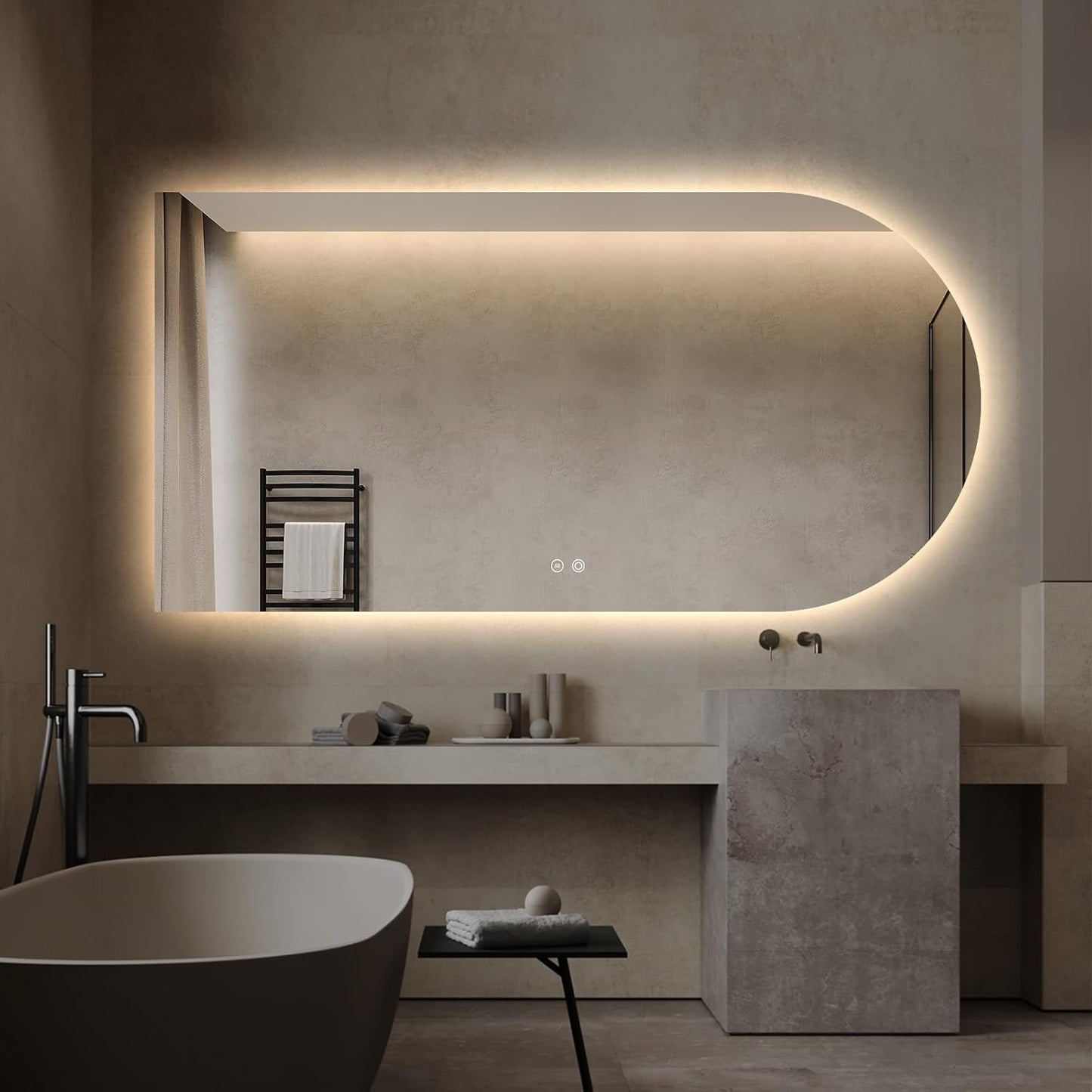Arched LED Bathroom Mirror, 55"x28" Arch Framless Backlit Mirror with Lights Vanity Mirror for Makeup, Anti-Fog, Dimmable, 3-Color, Memory Function, IP65 Waterproof, UL Listed, Horizontal-Left