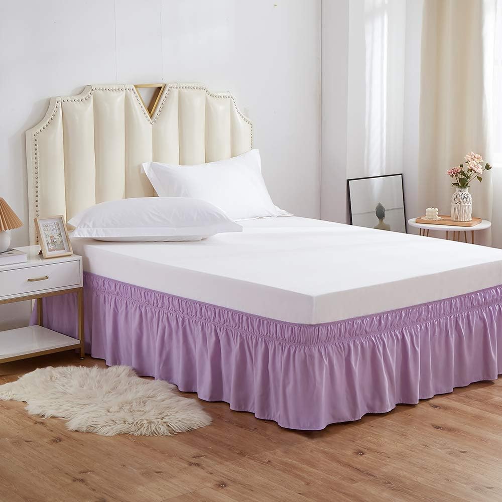 MEILA Wrap Around Bed Skirt Three Fabric Sides Elastic Dust Ruffled 14 Inch Tailored Drop,Easy to Install Fade Resistant-Light Purple, Queen/King