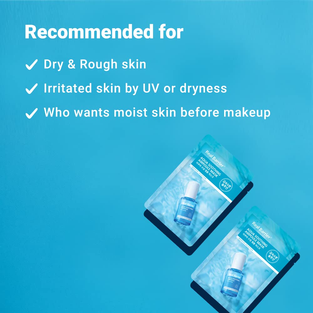 Real Barrier | Aqua Soothing Ampoule Face Sheet Mask | Sheet Masks with Hyaluronic Acid | Korean Face Mask Skincare | Moisturizing & Hydrating for Dry & Sensitive Skin | Facial Moisturizer | 10 Sheets