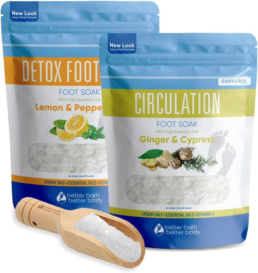 2 Pack Foot Soak Salts Bundle for DIY Foot Spa with Bamboo Scoop (2 lbs Each 4 lbs Total) for Discomfort and Dry Skin Made in USA with BPA Free Easy Lock Pouch