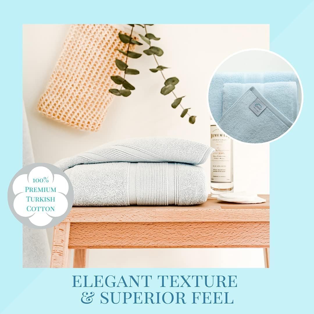 Luzia 8 Piece Towel Set - 100% Turkish Cotton, Premium Quality - 2 Bath Towels 2 Hand Towels and 4 Washcloths (Light Blue)