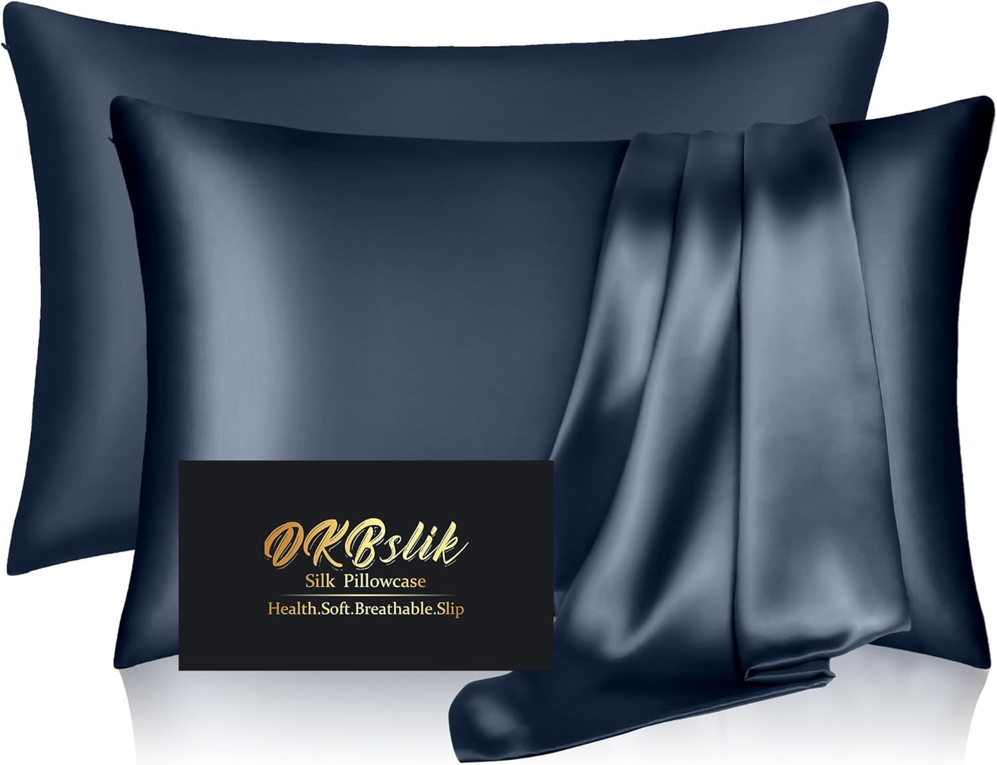 Silk Pillow Cases 2 Pack, Mulberry Silk Pillowcases Standard Set of 2, Smooth, Anti Acne, Both Sides Natural Silk Satin Pillow Cases for Sleeping Women 2 Pack with Zipper, Mood Indigo