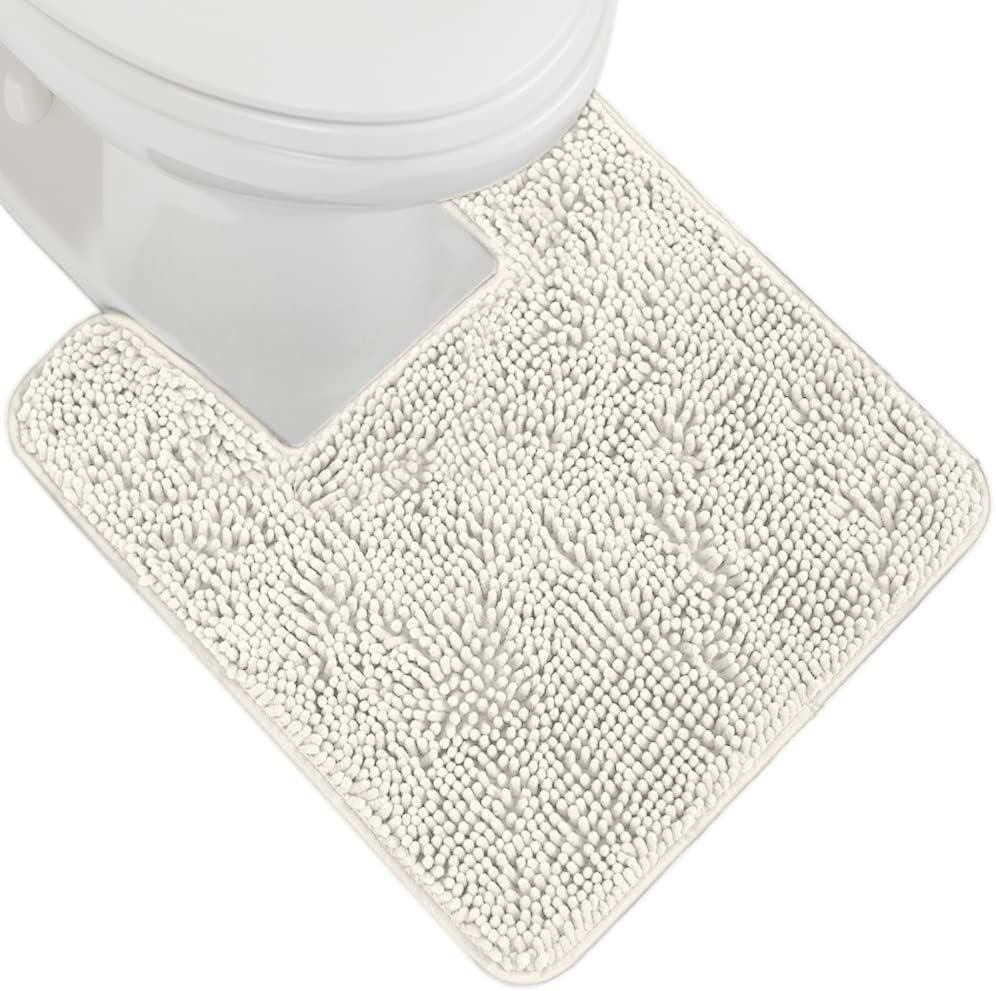 GORILLA GRIP Plush Absorbent Shaggy Chenille Bath Rug Mat for Square Toilet Base with Rubber Backing, Machine Washable Rugs, Soft Microfiber Contour Mats for Toilets, Bathroom Decor, Ivory