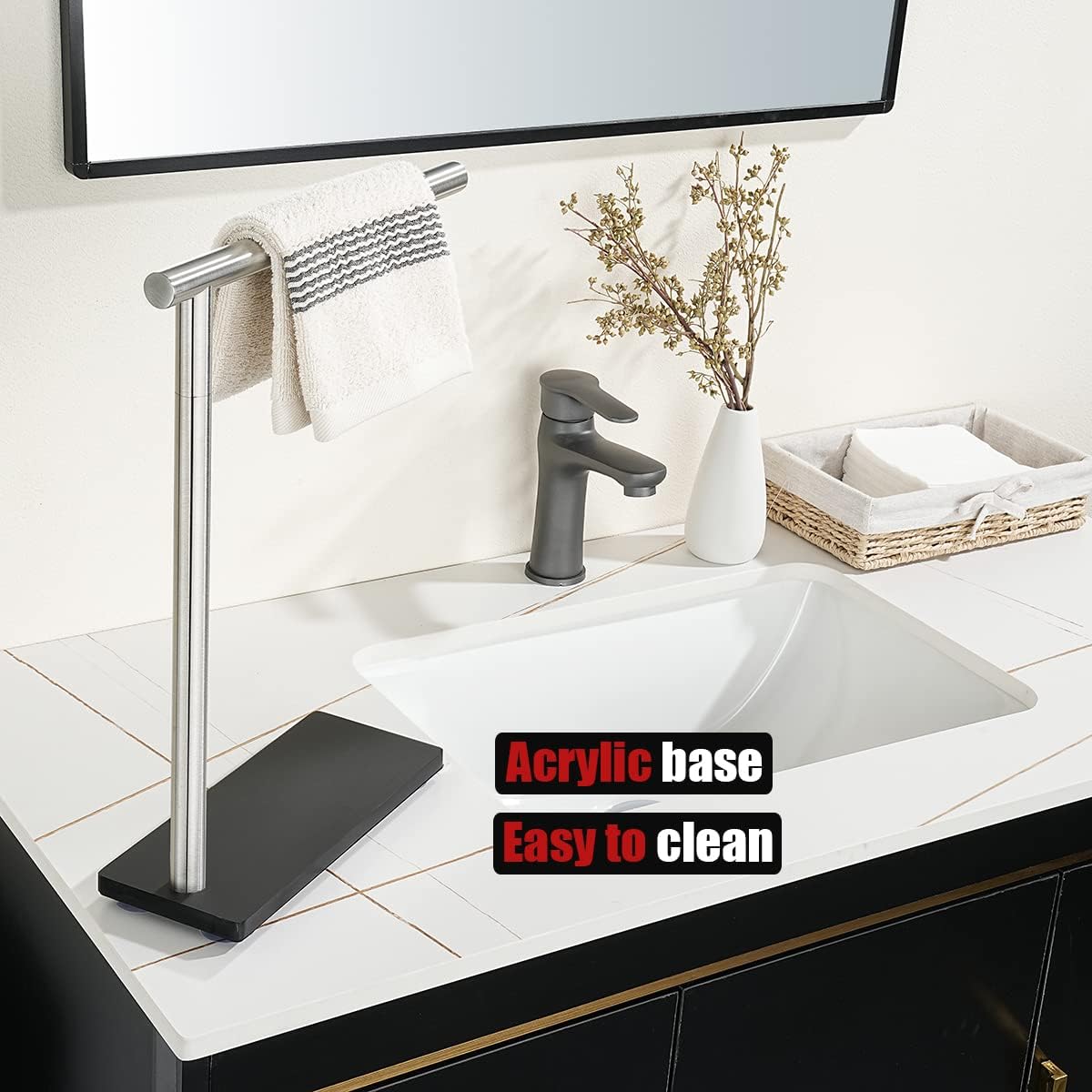 JQK Hand Towel Holder Stand Brushed, Modern Tree Rack Free Standing for Countertop with 12 Inch Bar, 304 Stainless Steel Thicken 0.8mm, HTT170-BN