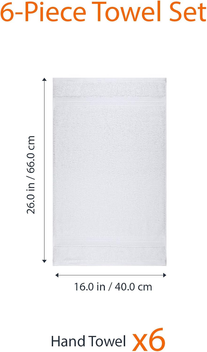 Amazon Basics 6 Piece hand towels for bathroom, Fade Resistant 100% Cotton Hand Towels, soft absorbent bathroom hand towels 6 - Pack (26''x16''), White