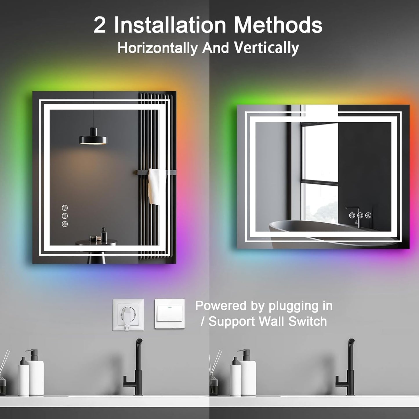 LED Mirror for Bathroom, 48"X40" with 8 RGB Backlit +3 Front Lit (Adjustable Individually), Anti-Fog, Large Lighted Bathroom Vanity Mirror for Wall,Shatterproof,Memory Function,Tempered Glass