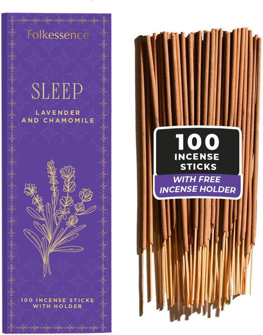 Folkulture Incense Sticks | Set of 100 Insence-Sticks with Holder for Relaxation | Lavender & Chamomile Incense | Organic, Slow Burning & Non Toxic Inscents for Meditation |Relaxing for Sleep